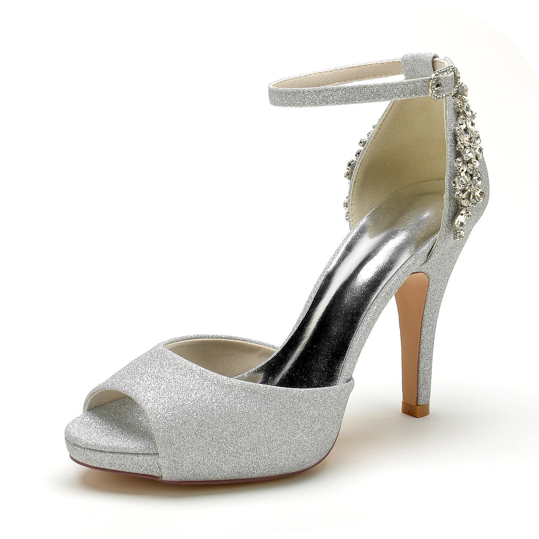 Chaussures de Mariage pour Femmes, Chaussures de Mariée à Paillettes et à Bout Ouvert, Talons Hauts, Boucle en Strass
