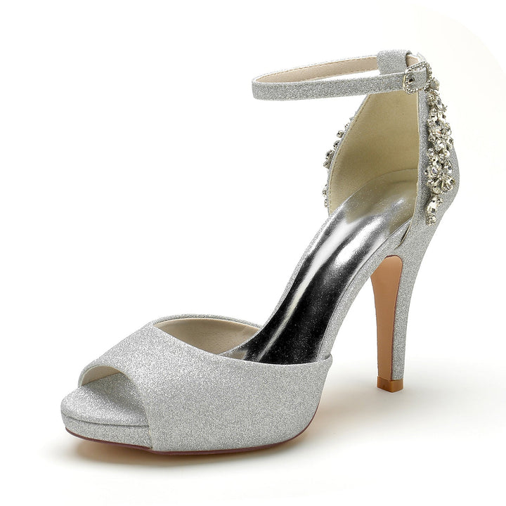 Chaussures de Mariage pour Femmes, Chaussures de Mariée à Paillettes et à Bout Ouvert, Talons Hauts, Boucle en Strass