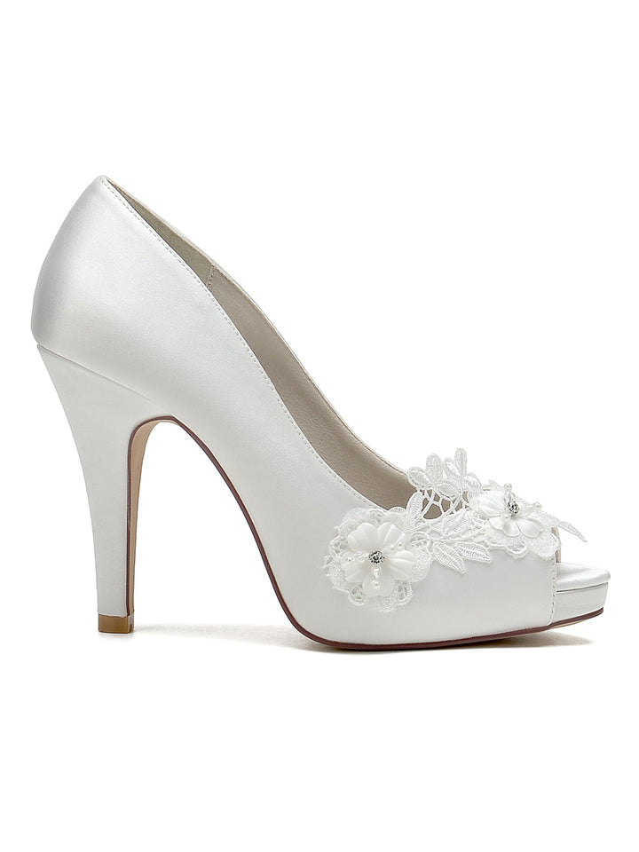 Chaussures de Mariage pour Femmes en Dentelle à Talons Hauts et à Bout Ouvert