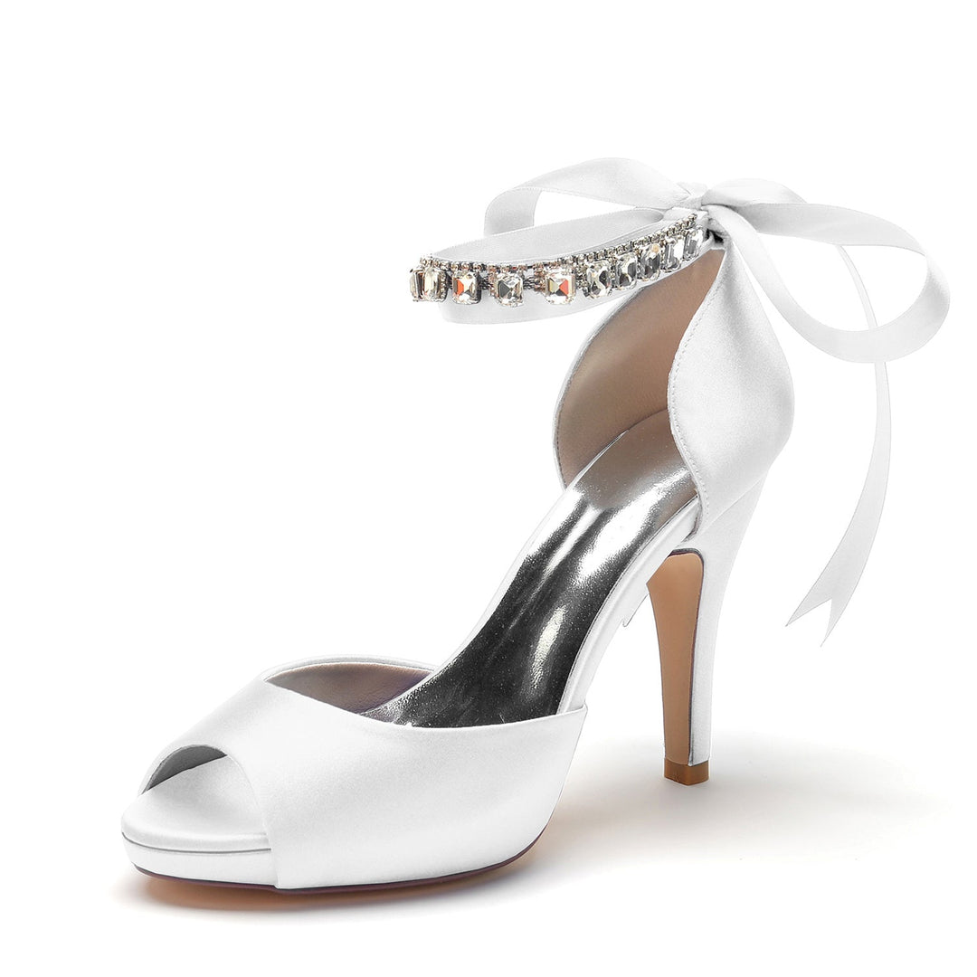 Chaussures de Mariage pour Femmes Peep Toe Talon Haut Strass Boucle de Nœud Chaussures de Mariée