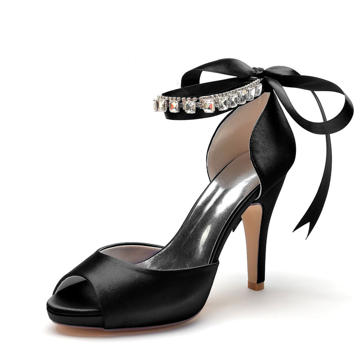 Chaussures de Mariage pour Femmes Peep Toe Talon Haut Strass Boucle de Nœud Chaussures de Mariée