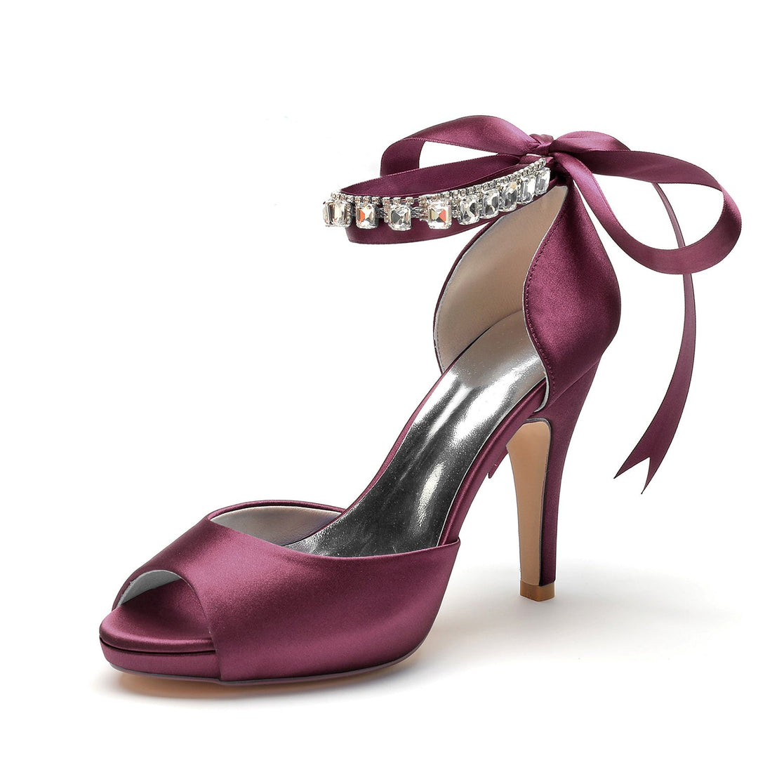 Chaussures de Mariage pour Femmes Peep Toe Talon Haut Strass Boucle de Nœud Chaussures de Mariée