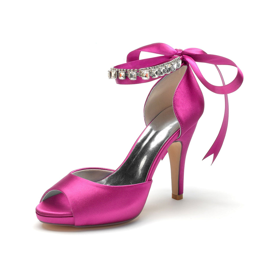 Chaussures de Mariage pour Femmes Peep Toe Talon Haut Strass Boucle de Nœud Chaussures de Mariée