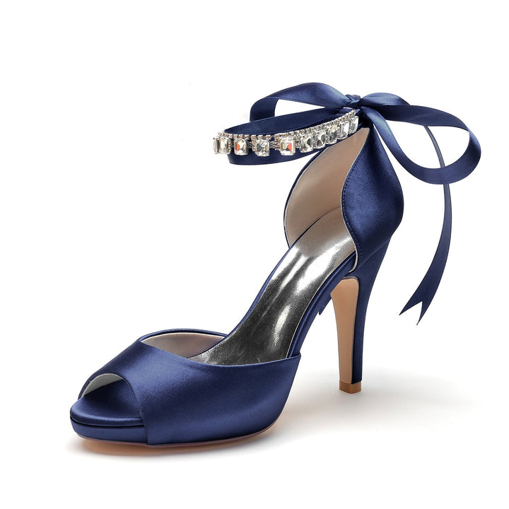 Chaussures de Mariage pour Femmes Peep Toe Talon Haut Strass Boucle de Nœud Chaussures de Mariée