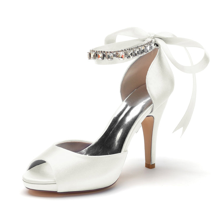 Chaussures de Mariage pour Femmes Peep Toe Talon Haut Strass Boucle de Nœud Chaussures de Mariée