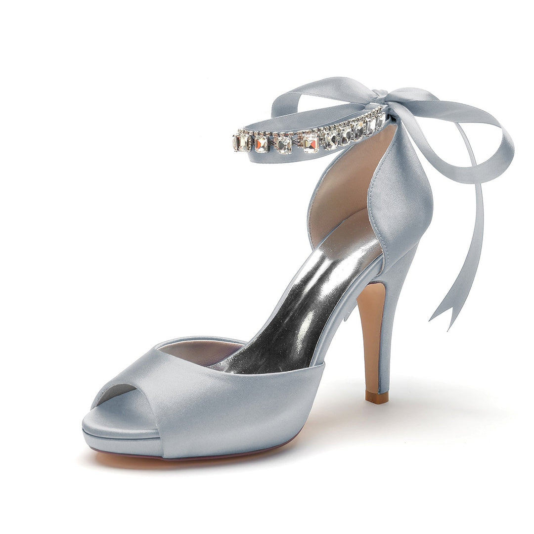 Chaussures de Mariage pour Femmes Peep Toe Talon Haut Strass Boucle de Nœud Chaussures de Mariée