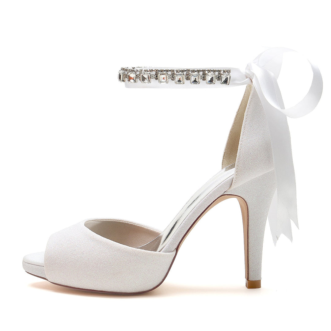 Chaussures de Mariage pour Femmes, Chaussures de Mariée à Talons Hauts, Nœud à Paillettes, Bout Ouvert, Boucle en Strass