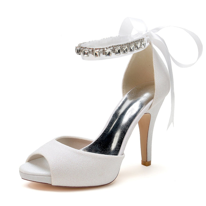 Chaussures de Mariage pour Femmes, Chaussures de Mariée à Talons Hauts, Nœud à Paillettes, Bout Ouvert, Boucle en Strass