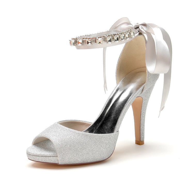 Chaussures de Mariage pour Femmes, Chaussures de Mariée à Talons Hauts, Nœud à Paillettes, Bout Ouvert, Boucle en Strass