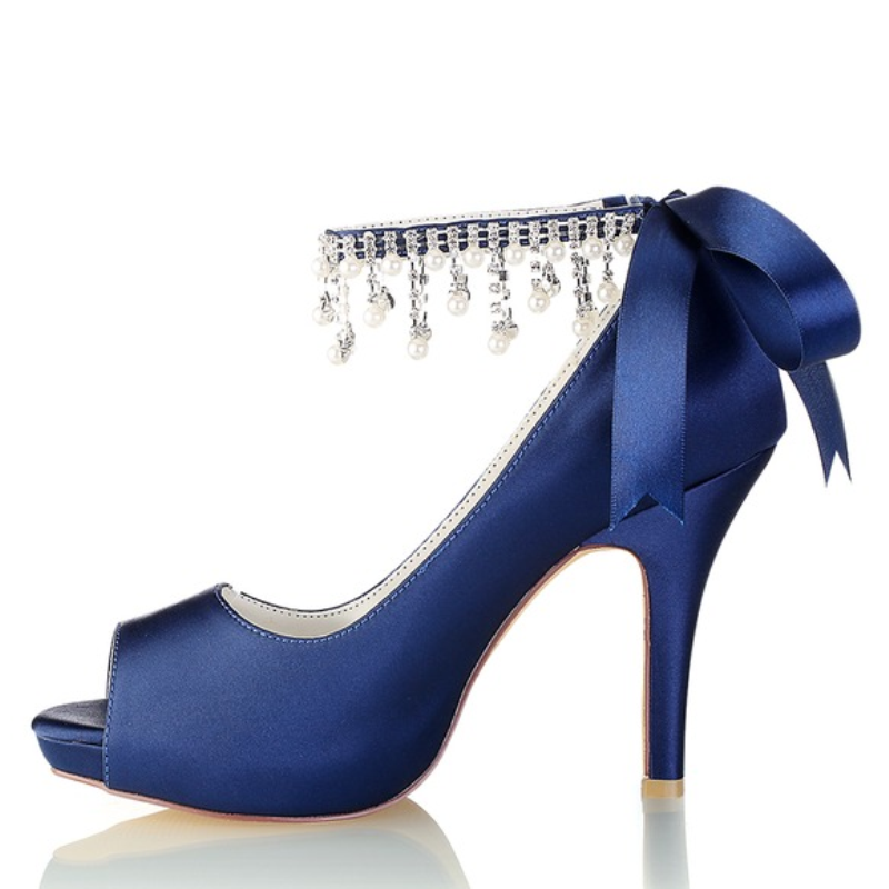 Chaussures de Mariage pour Femmes, Chaussures de Mariée à Talons Hauts et Bout Ouvert avec Boucle et Nœud en Perles Imitation