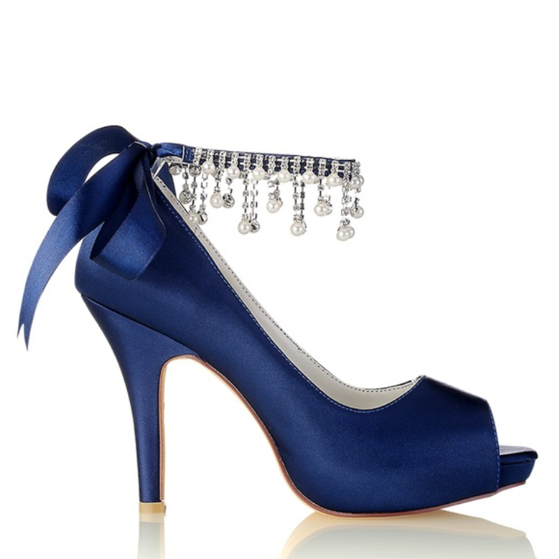 Chaussures de Mariage pour Femmes, Chaussures de Mariée à Talons Hauts et Bout Ouvert avec Boucle et Nœud en Perles Imitation