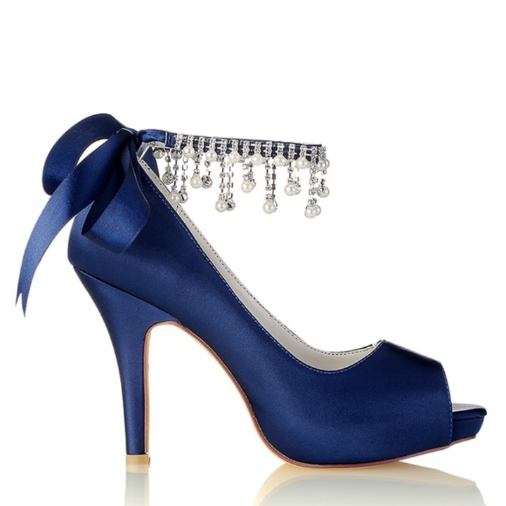 Chaussures de Mariage pour Femmes, Chaussures de Mariée à Talons Hauts et Bout Ouvert avec Boucle et Nœud en Perles Imitation