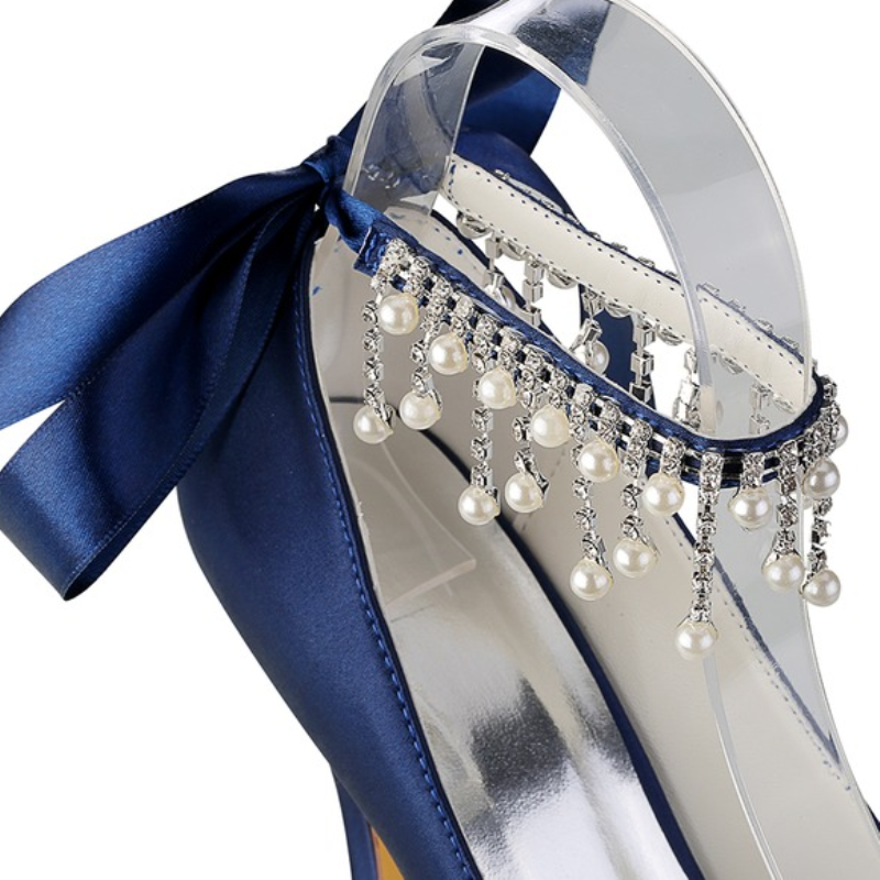 Chaussures de Mariage pour Femmes, Chaussures de Mariée à Talons Hauts et Bout Ouvert avec Boucle et Nœud en Perles Imitation