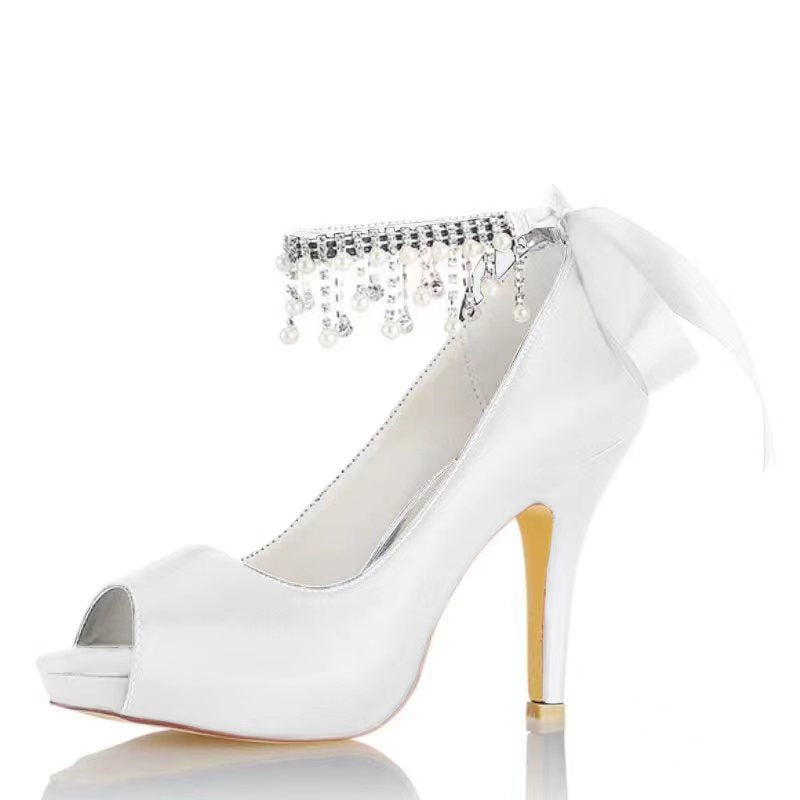 Chaussures de Mariage pour Femmes, Chaussures de Mariée à Talons Hauts et Bout Ouvert avec Boucle et Nœud en Perles Imitation