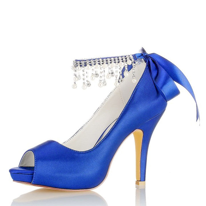 Chaussures de Mariage pour Femmes, Chaussures de Mariée à Talons Hauts et Bout Ouvert avec Boucle et Nœud en Perles Imitation