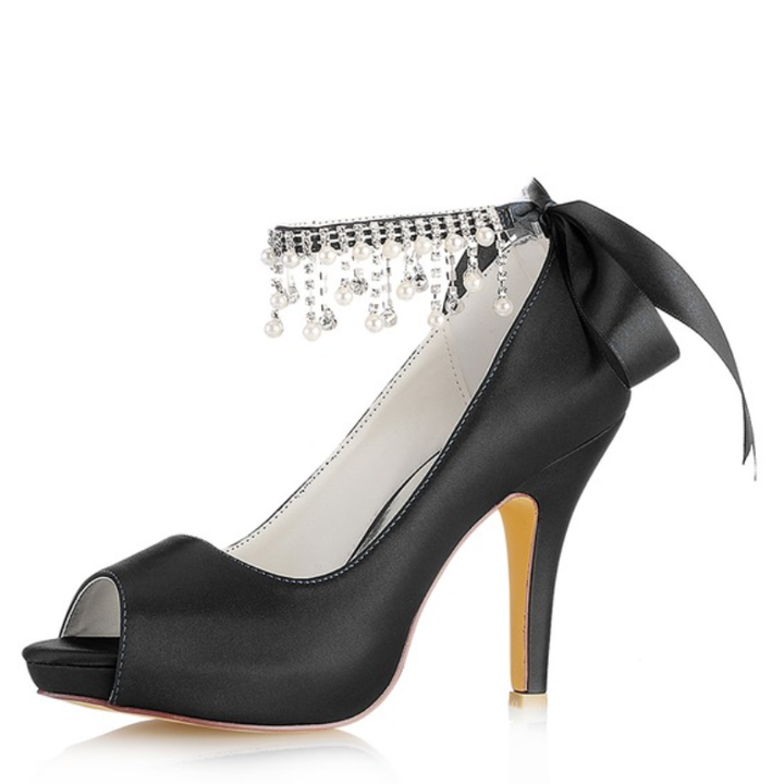 Chaussures de Mariage pour Femmes, Chaussures de Mariée à Talons Hauts et Bout Ouvert avec Boucle et Nœud en Perles Imitation