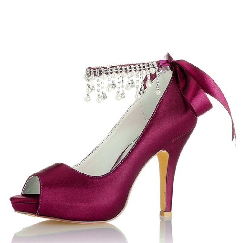 Chaussures de Mariage pour Femmes, Chaussures de Mariée à Talons Hauts et Bout Ouvert avec Boucle et Nœud en Perles Imitation