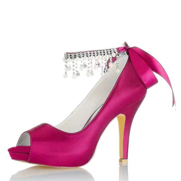 Chaussures de Mariage pour Femmes, Chaussures de Mariée à Talons Hauts et Bout Ouvert avec Boucle et Nœud en Perles Imitation