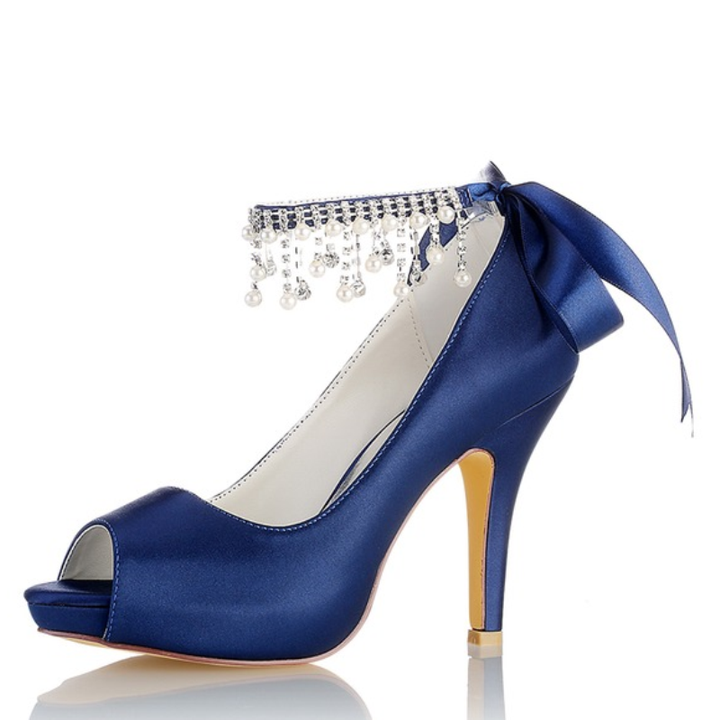 Chaussures de Mariage pour Femmes, Chaussures de Mariée à Talons Hauts et Bout Ouvert avec Boucle et Nœud en Perles Imitation