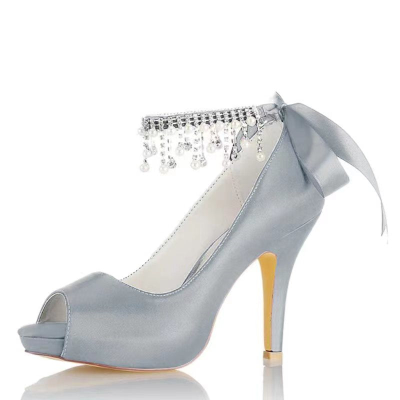 Chaussures de Mariage pour Femmes, Chaussures de Mariée à Talons Hauts et Bout Ouvert avec Boucle et Nœud en Perles Imitation