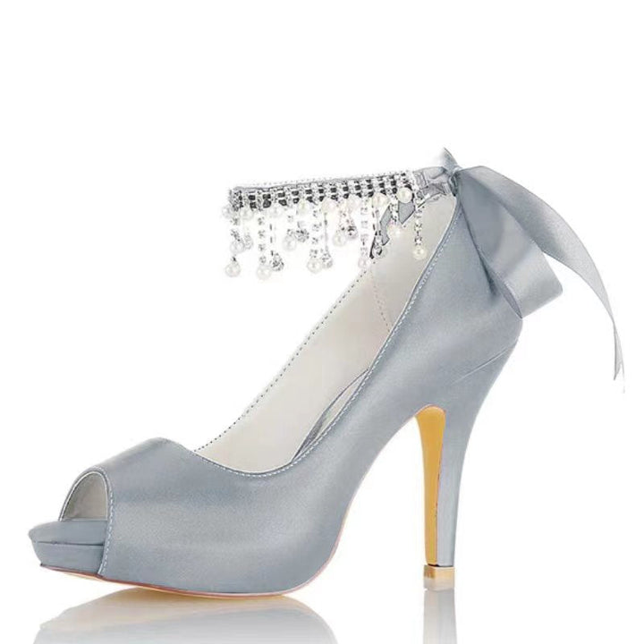 Chaussures de Mariage pour Femmes, Chaussures de Mariée à Talons Hauts et Bout Ouvert avec Boucle et Nœud en Perles Imitation