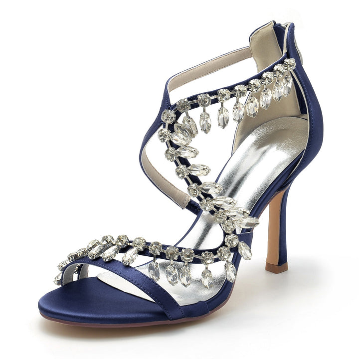 Chaussures de Mariage pour Femmes, Chaussures de Mariée à Talons Hauts et Bout Ouvert avec Strass Croisés