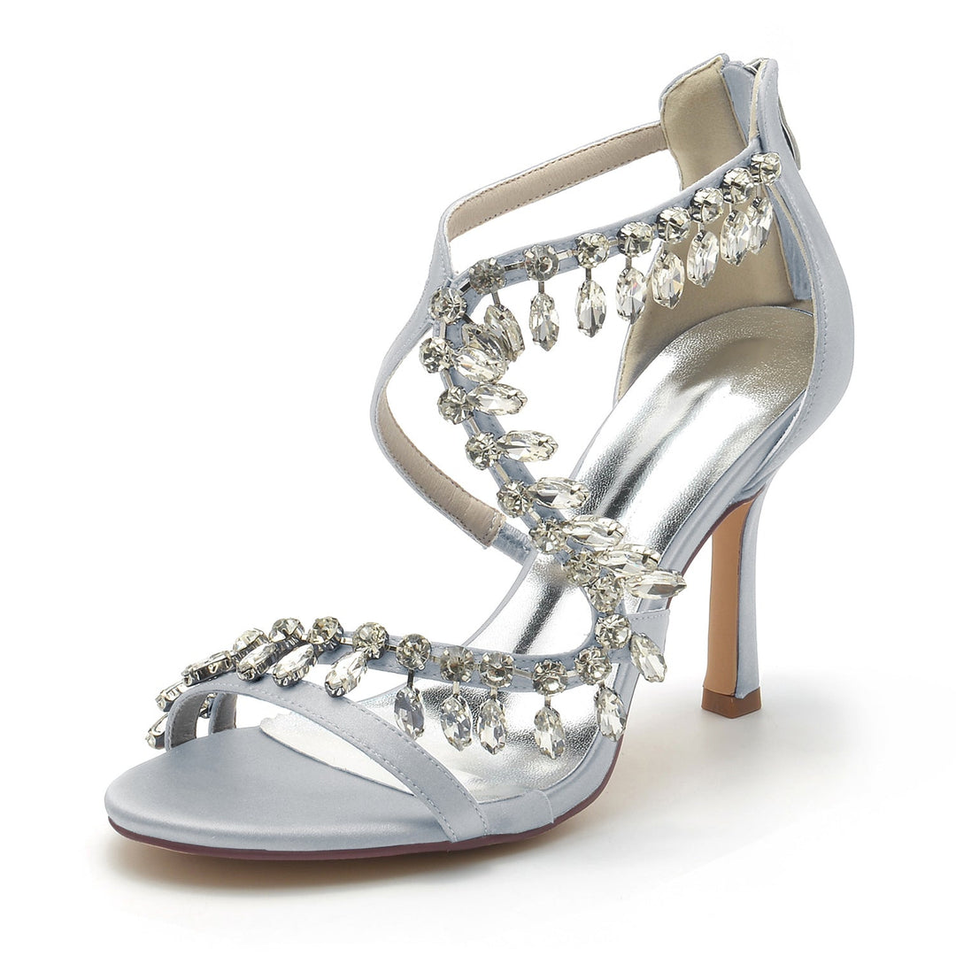 Chaussures de Mariage pour Femmes, Chaussures de Mariée à Talons Hauts et Bout Ouvert avec Strass Croisés
