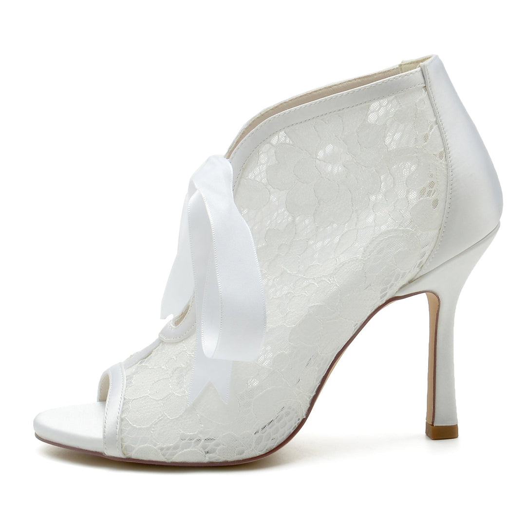 Chaussures de Mariage pour Femmes en Dentelle à Talons Hauts et Bout Ouvert avec Nœud