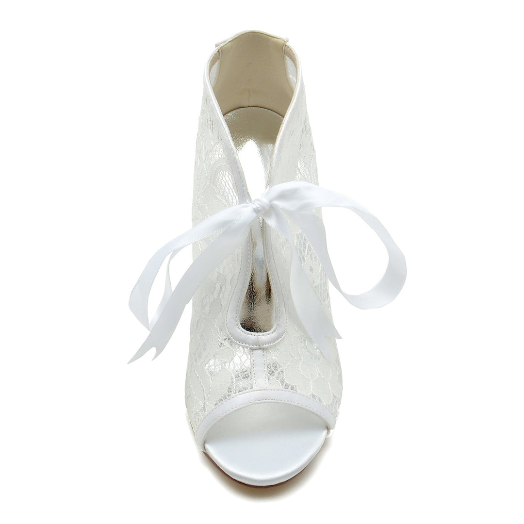 Chaussures de Mariage pour Femmes en Dentelle à Talons Hauts et Bout Ouvert avec Nœud