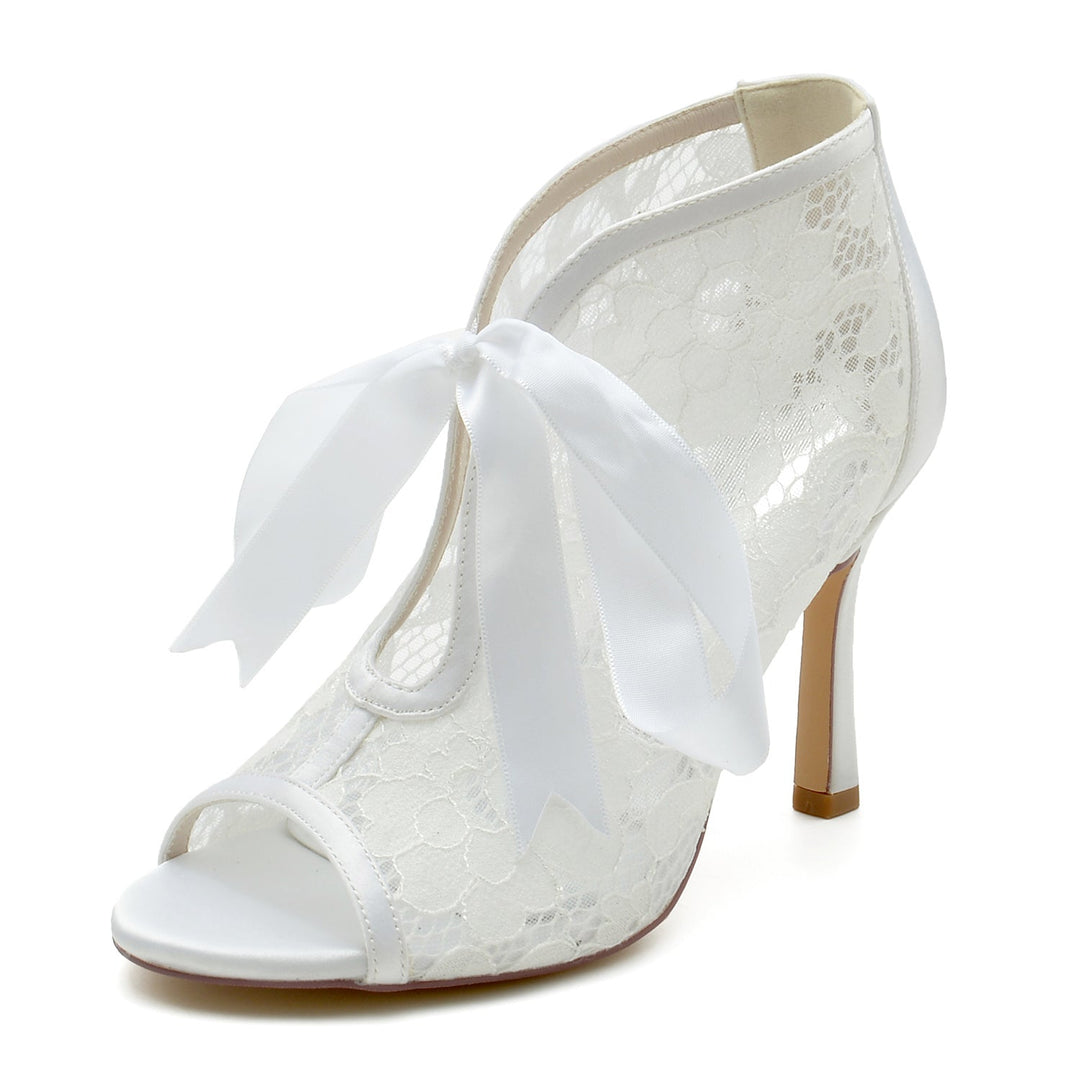 Chaussures de Mariage pour Femmes en Dentelle à Talons Hauts et Bout Ouvert avec Nœud