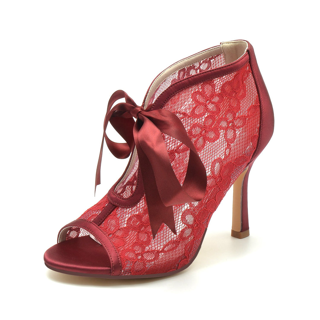 Chaussures de Mariage pour Femmes en Dentelle à Talons Hauts et Bout Ouvert avec Nœud