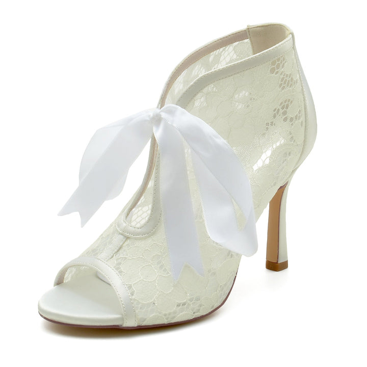 Chaussures de Mariage pour Femmes en Dentelle à Talons Hauts et Bout Ouvert avec Nœud