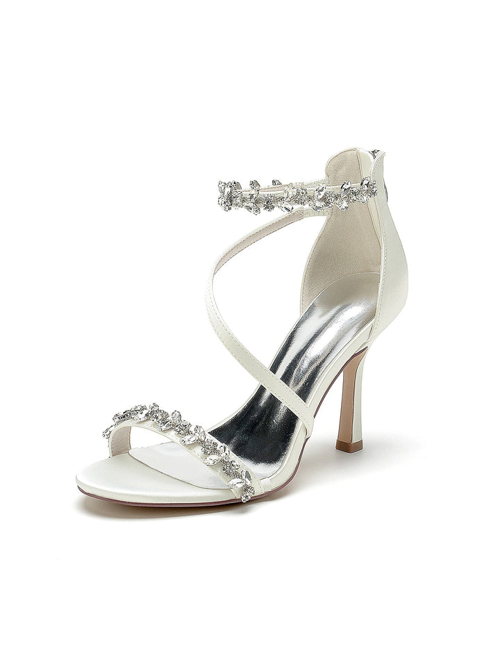 Chaussures de Mariage pour Femmes, Chaussures de Mariée à Talons Hauts et Bout Ouvert avec Strass