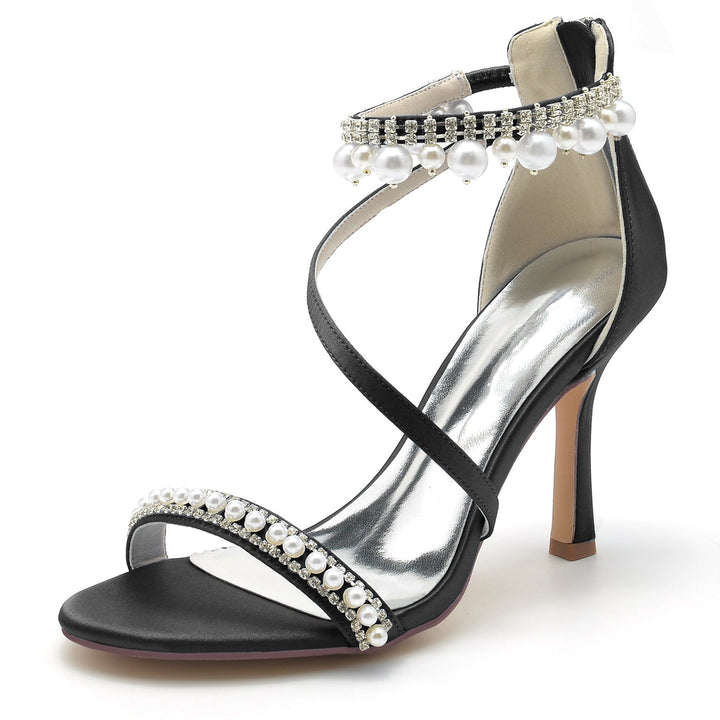 Chaussures de Mariage pour Femmes en Spirale avec Perles et Talons Hauts et Bout Ouvert avec Boucle