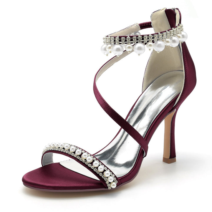 Chaussures de Mariage pour Femmes en Spirale avec Perles et Talons Hauts et Bout Ouvert avec Boucle