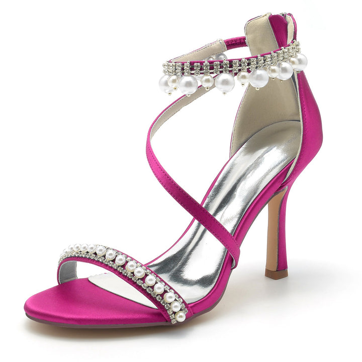 Chaussures de Mariage pour Femmes en Spirale avec Perles et Talons Hauts et Bout Ouvert avec Boucle