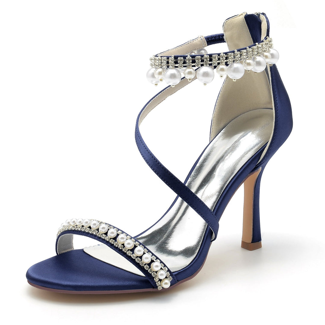 Chaussures de Mariage pour Femmes en Spirale avec Perles et Talons Hauts et Bout Ouvert avec Boucle