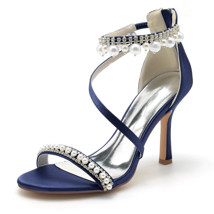 Chaussures de Mariage pour Femmes en Spirale avec Perles et Talons Hauts et Bout Ouvert avec Boucle