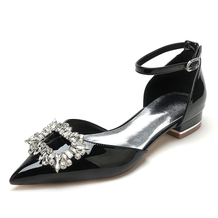 Chaussures de Mariage pour Femmes en Cuir Verni Carré Strass Chaussures de Mariée à Bout Pointu Bas