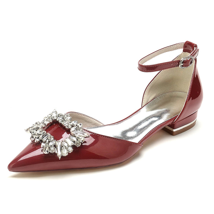 Chaussures de Mariage pour Femmes en Cuir Verni Carré Strass Chaussures de Mariée à Bout Pointu Bas