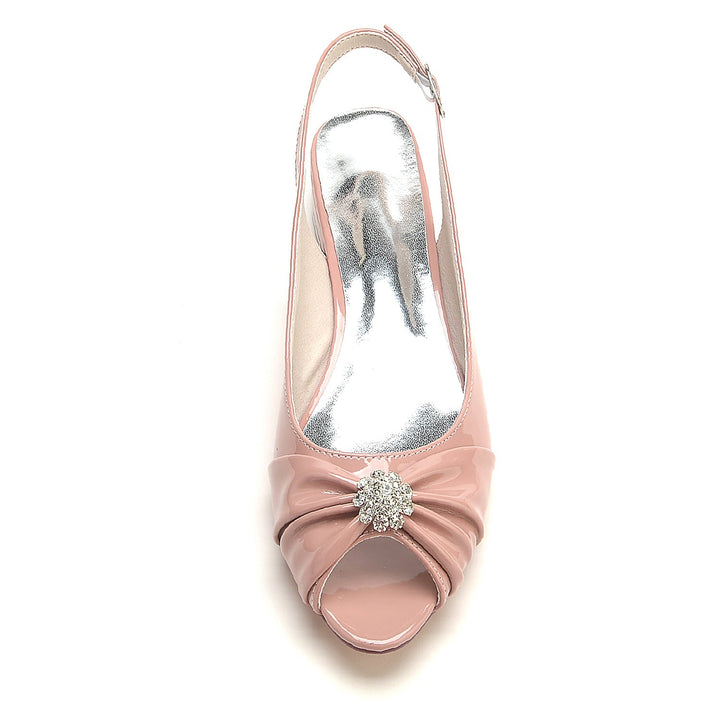 Chaussures de Mariage pour Femmes en Cuir Verni avec Fleur en Cristal et Boucle à Bout Ouvert