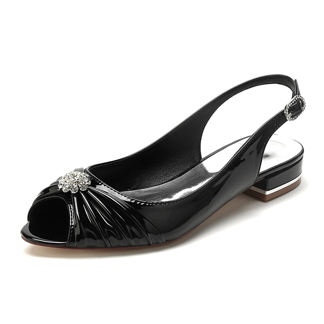 Chaussures de Mariage pour Femmes en Cuir Verni avec Fleur en Cristal et Boucle à Bout Ouvert