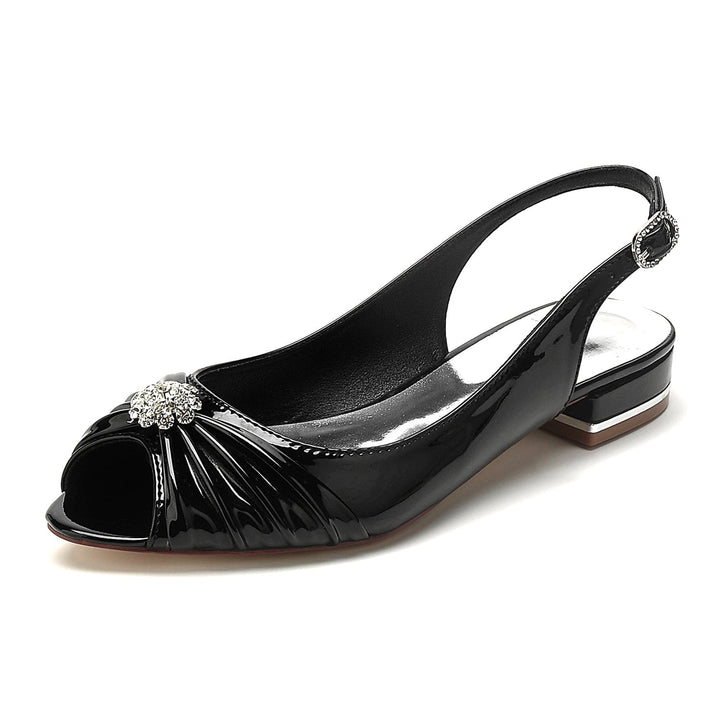 Chaussures de Mariage pour Femmes en Cuir Verni avec Fleur en Cristal et Boucle à Bout Ouvert