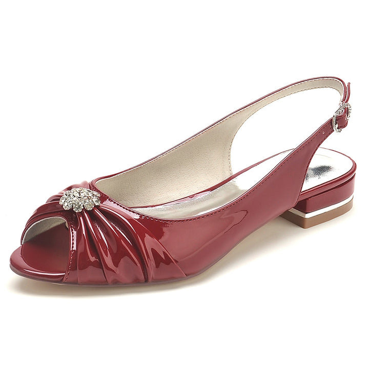 Chaussures de Mariage pour Femmes en Cuir Verni avec Fleur en Cristal et Boucle à Bout Ouvert
