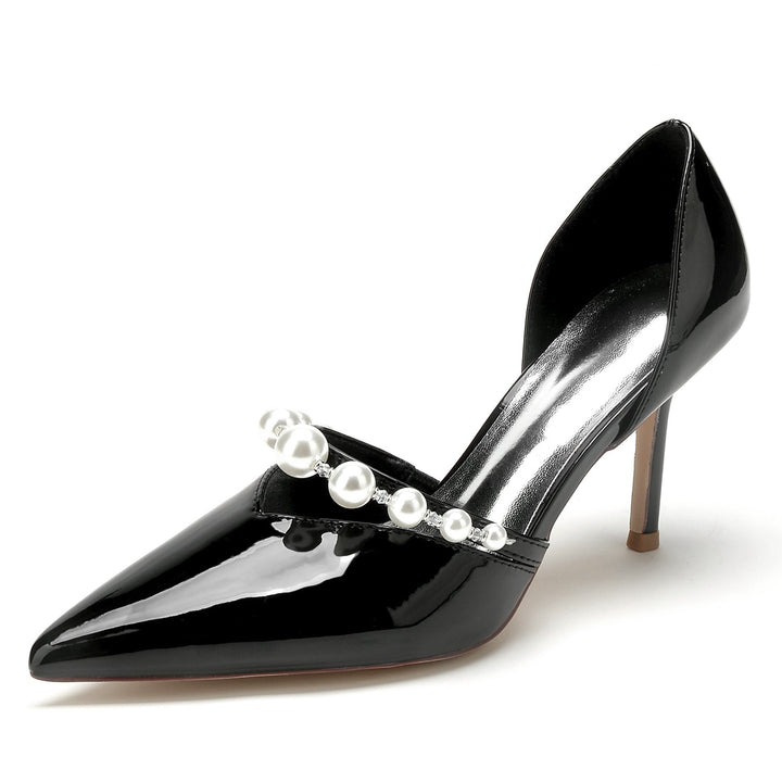 Chaussures de Mariage pour Femmes en Cuir Verni à Bout Pointu et Talon Aiguille avec Perles