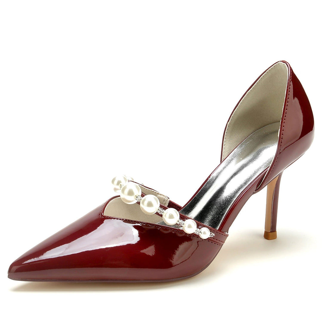 Chaussures de Mariage pour Femmes en Cuir Verni à Bout Pointu et Talon Aiguille avec Perles