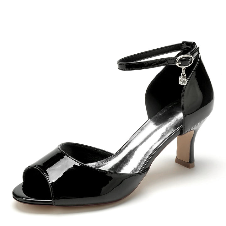 Chaussures de Mariage pour Femmes en Cuir Verni Strass Mi-Haut Peep Toe Chaussures de Mariée Minimalistes