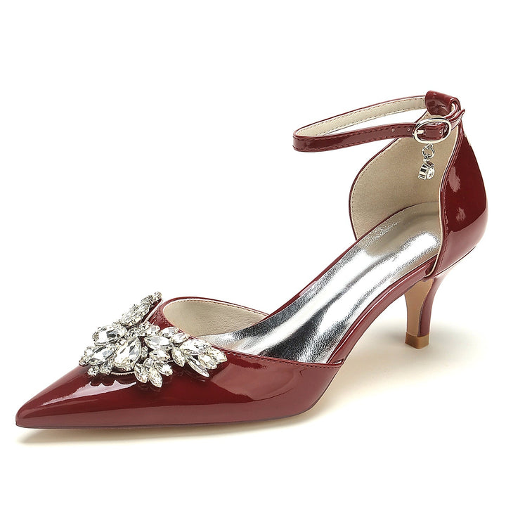 Chaussures de Mariage pour Femmes en Cuir Verni et Cristal, Bout Pointu Moyen, Boucle, Chaussures de Mariée