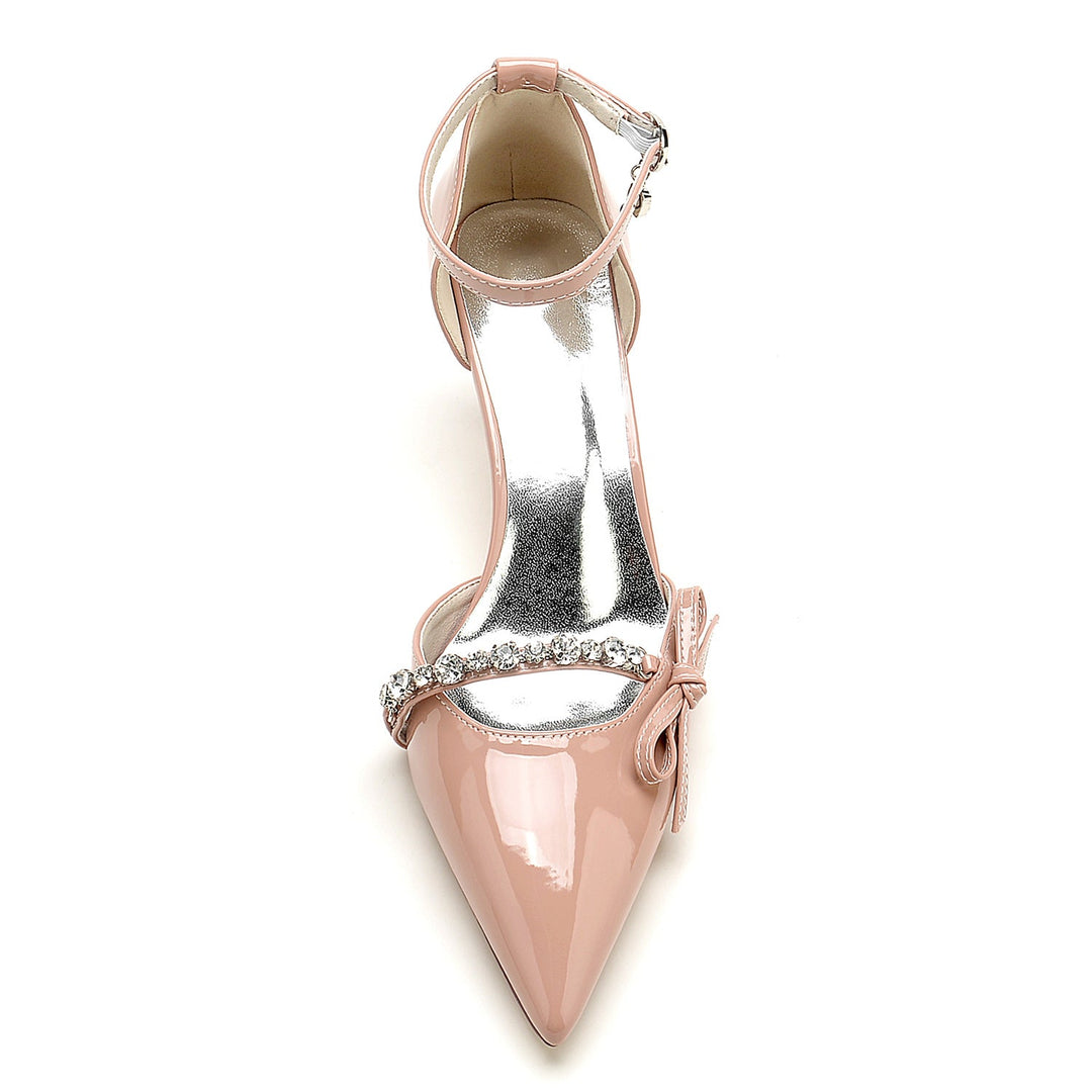 Chaussures de Mariage pour Femmes en Cuir Verni avec Nœud en Strass et Bout Pointu