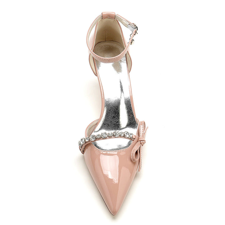 Chaussures de Mariage pour Femmes en Cuir Verni avec Nœud en Strass et Bout Pointu